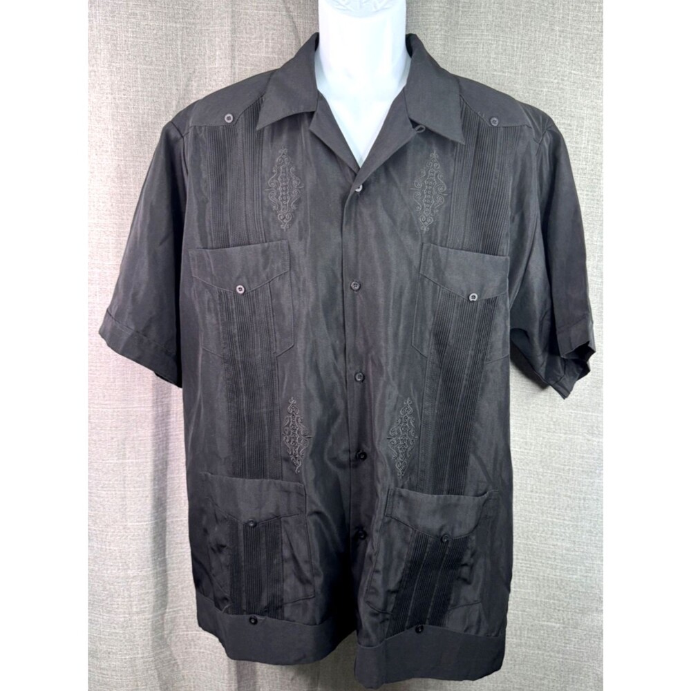 El Norteño Guayabera Shirt Men’s XXL Black Embroidered 4 Pocket NWT Camp